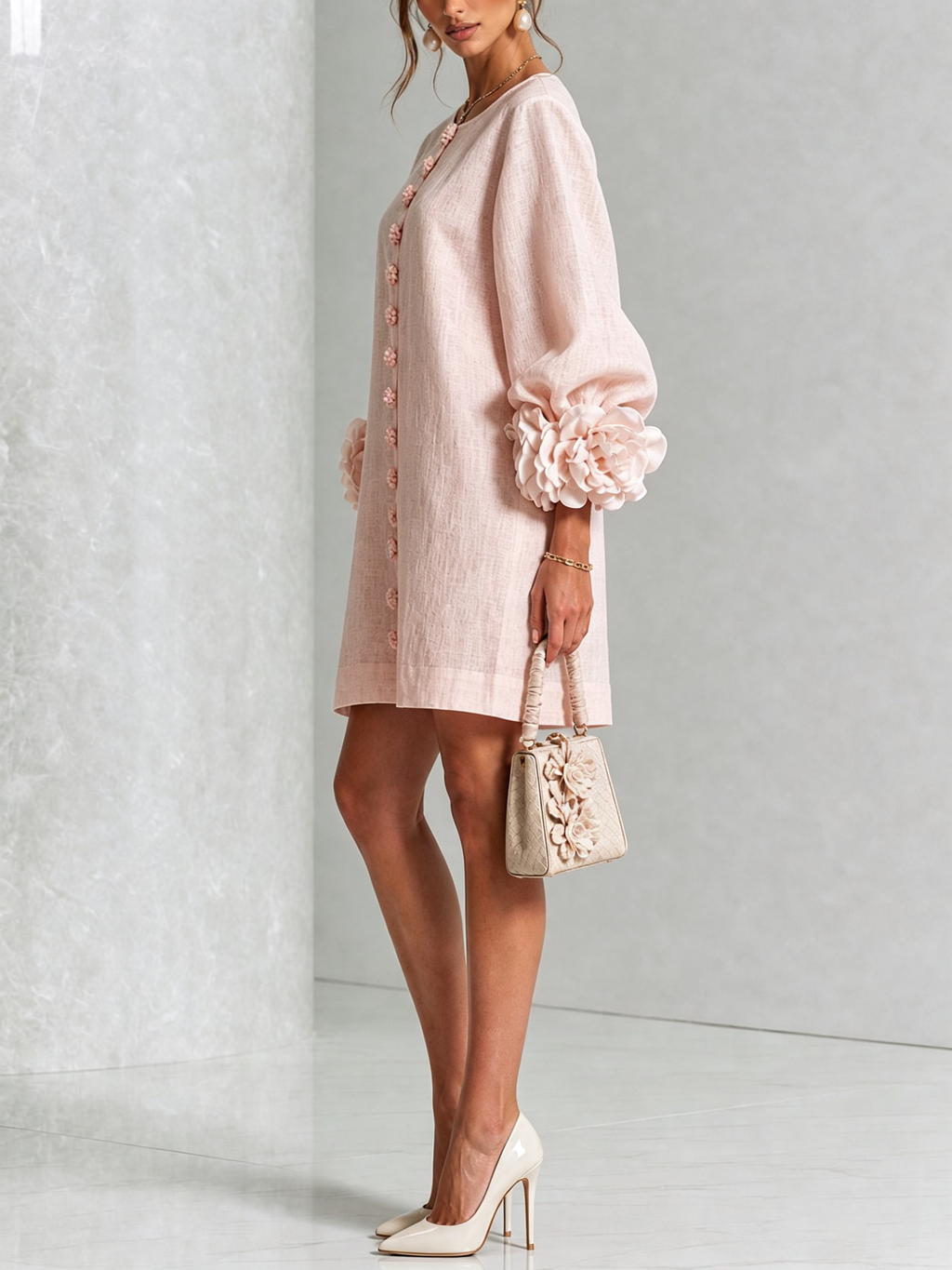 Noemi | Abito mini in misto lino con polsini a rosa, rosa
