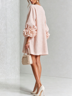 Noemi | Abito mini in misto lino con polsini a rosa, rosa