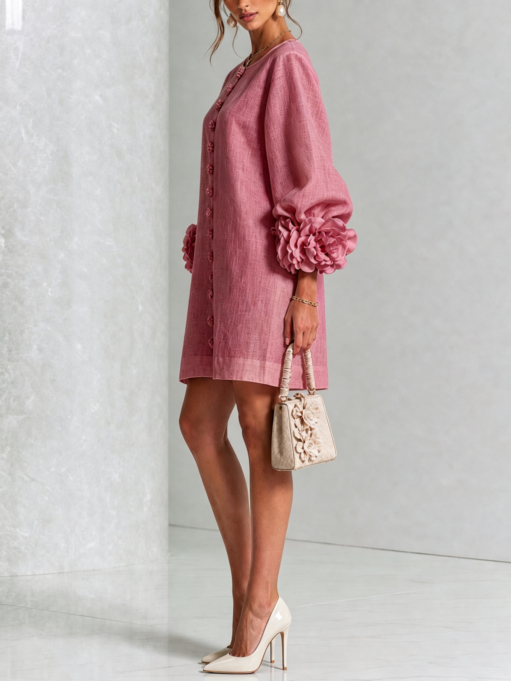 Camilla | Mini Abito in Misto Lino con Polsini a Rosa, Bianco