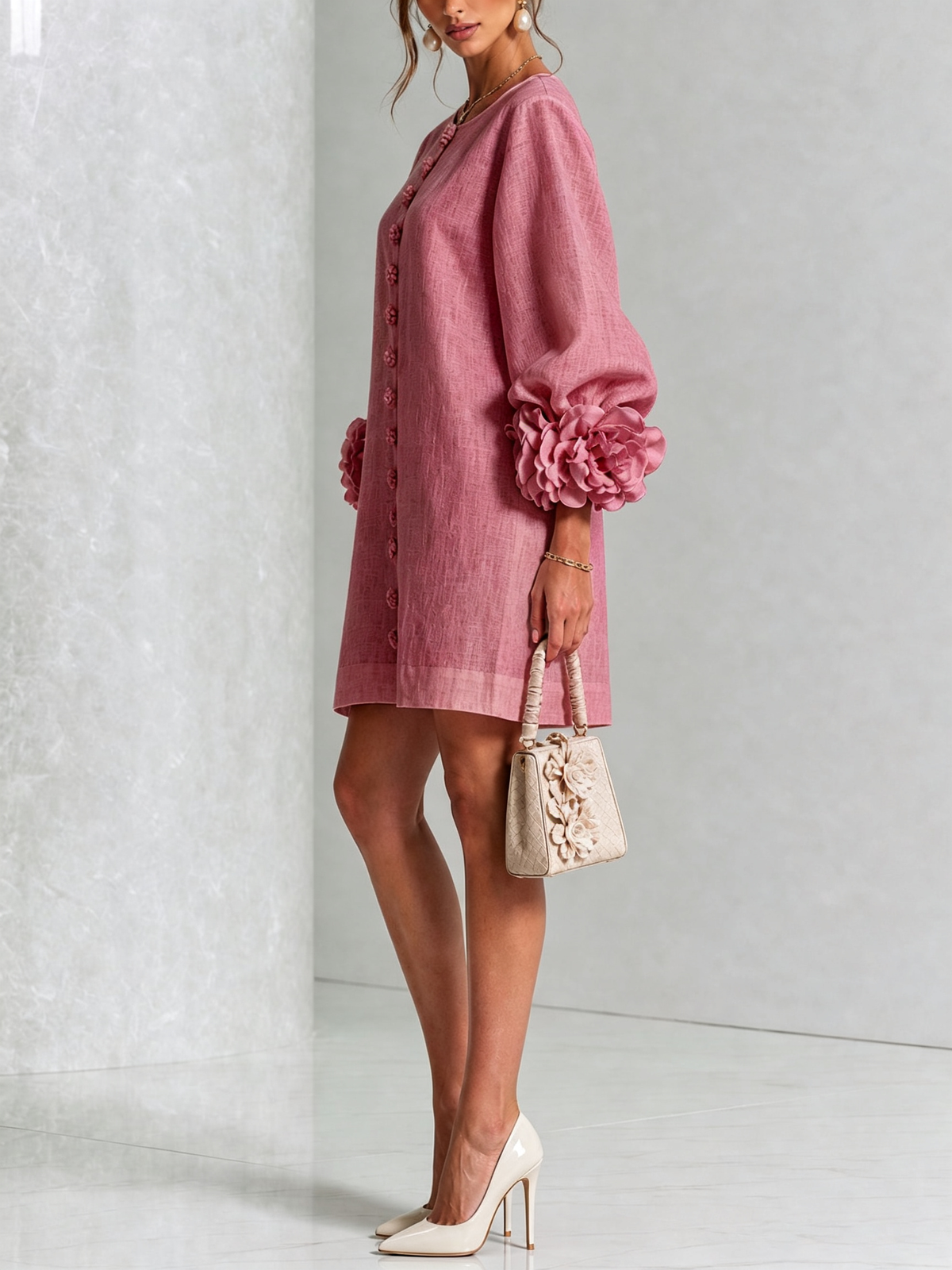 Camilla | Mini Abito in Misto Lino con Polsini a Rosa, Bianco