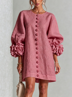 Camilla | Mini Abito in Misto Lino con Polsini a Rosa, Bianco