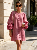 Camilla | Mini Abito in Misto Lino con Polsini a Rosa, Bianco
