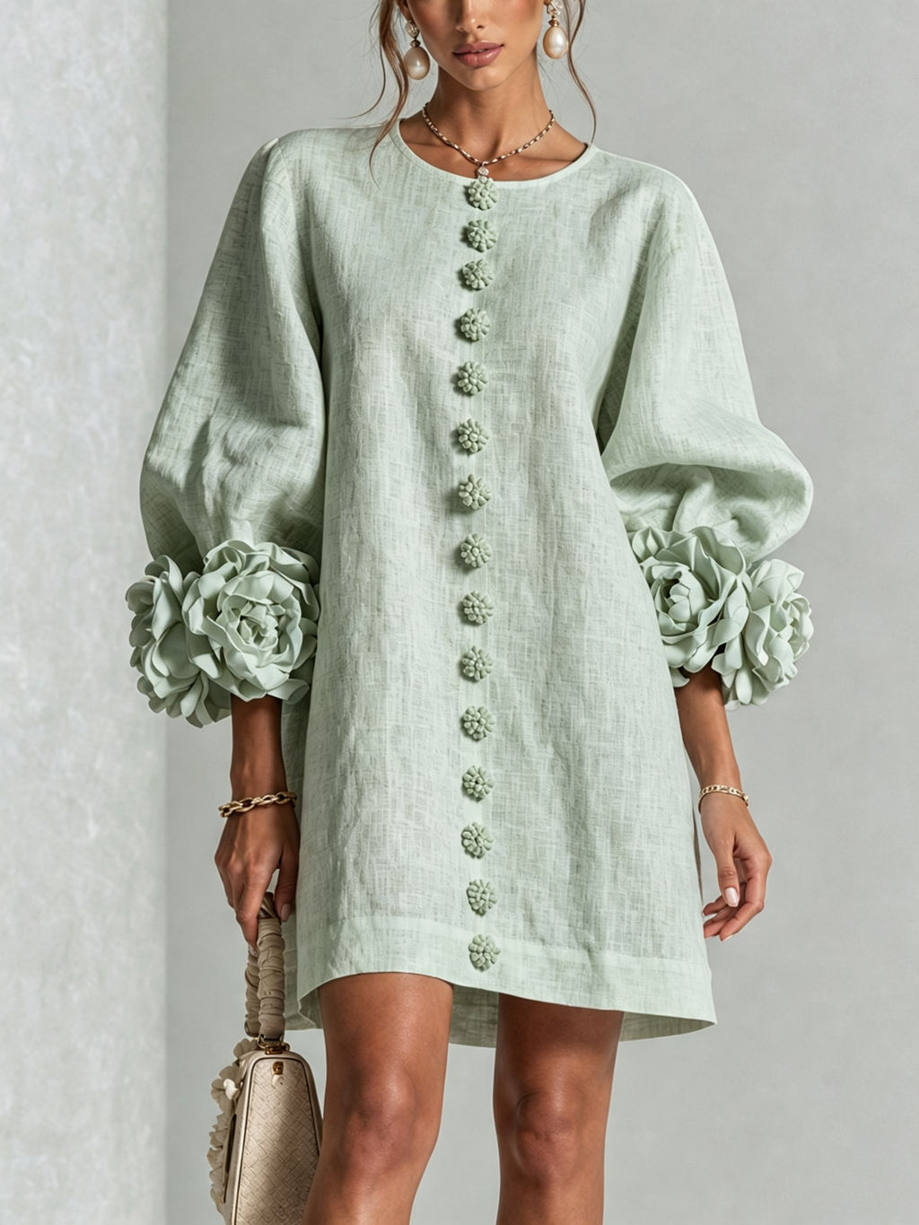 Delia | Mini abito in misto lino con polsini a rosa, verde salvia
