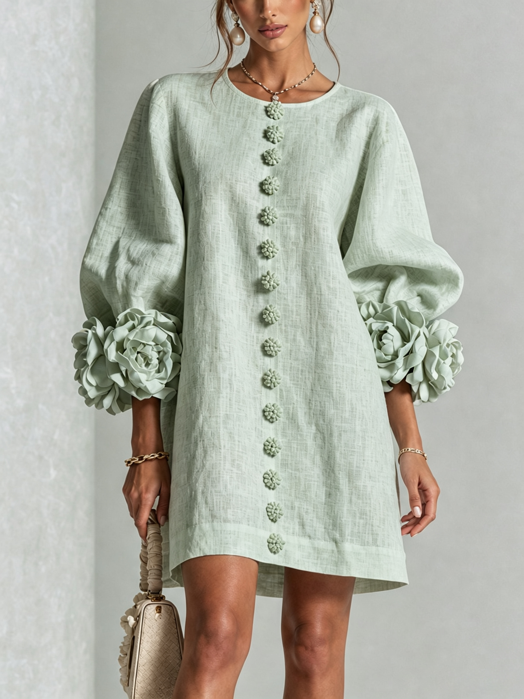 Delia | Mini abito in misto lino con polsini a rosa, verde salvia