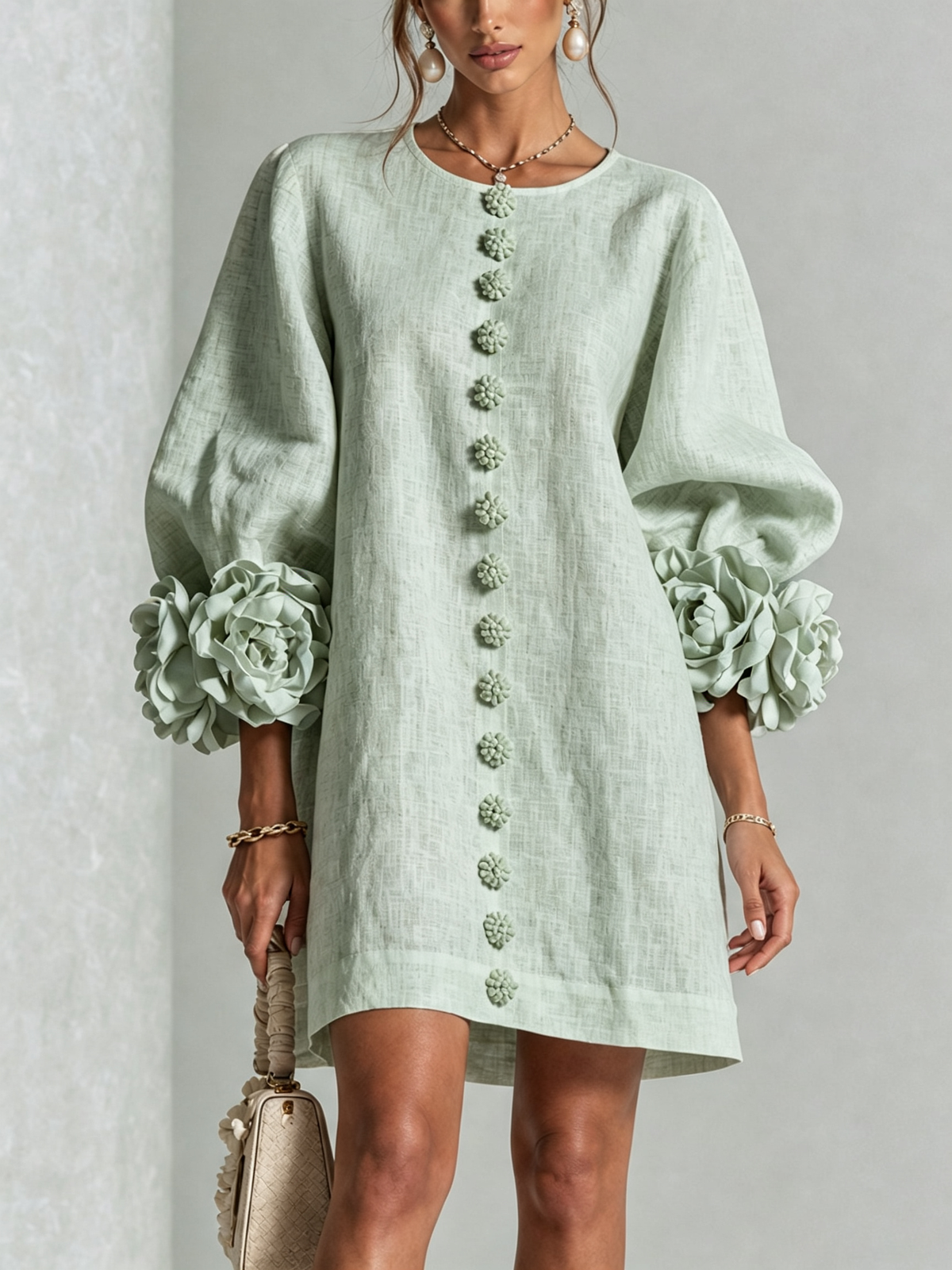 Camilla | Abito Mini in Misto Lino con Polsini a Rosa, Bianco