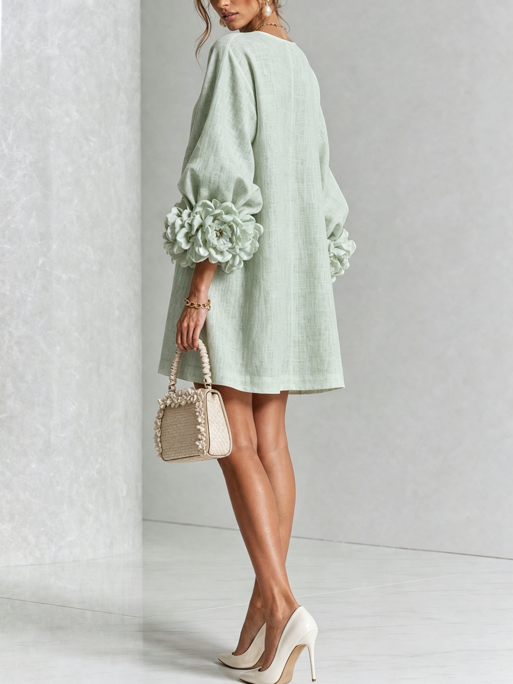Camilla | Mini Abito in Misto Lino con Polsini a Rosa, Bianco