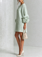 Camilla | Mini Abito in Misto Lino con Polsini a Rosa, Bianco