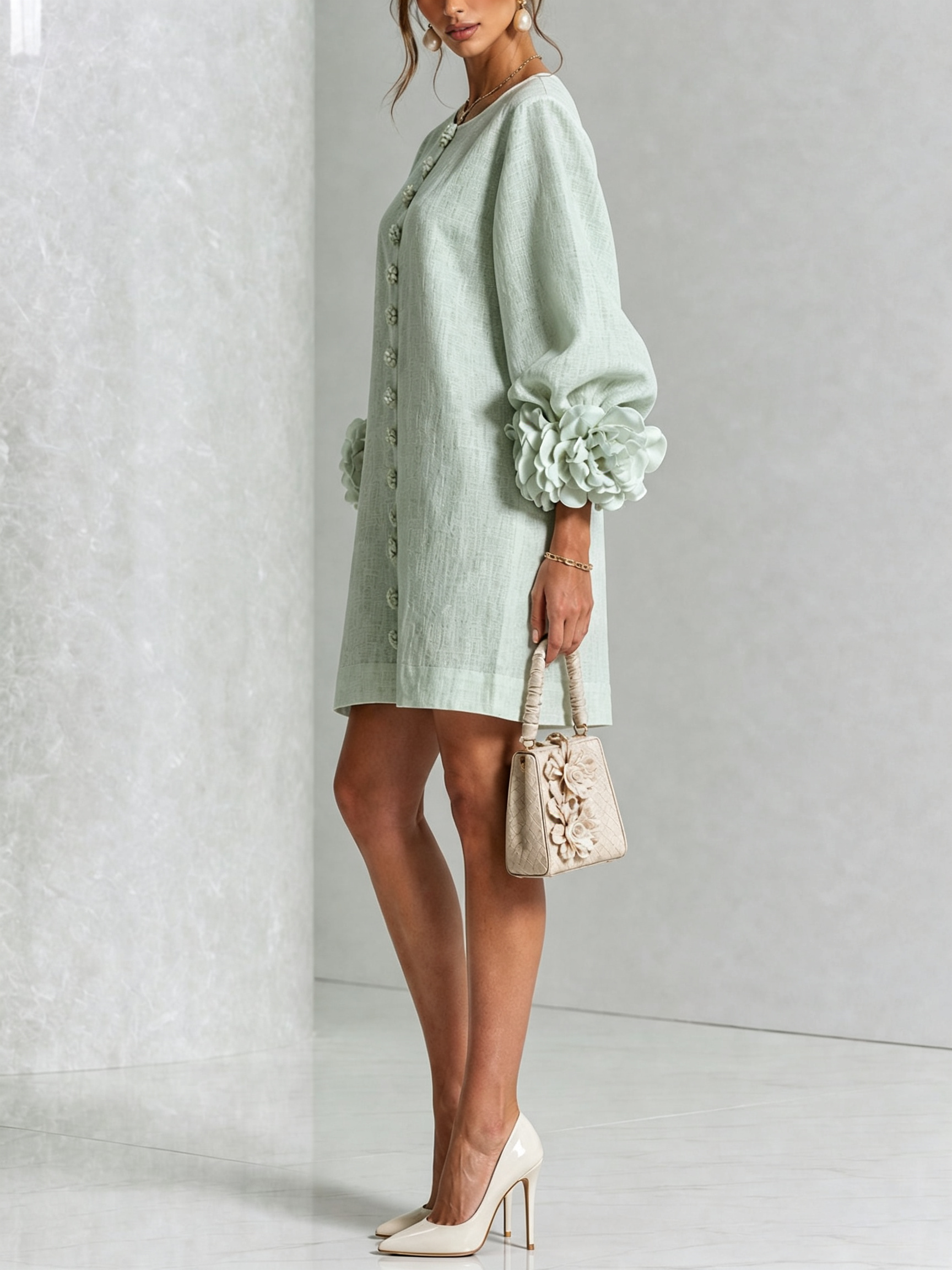 Camilla | Mini Abito in Misto Lino con Polsini a Rosa, Bianco