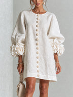 Camilla | Mini Abito in Misto Lino con Polsini a Rosa, Bianco