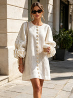 Camilla | Mini Abito in Misto Lino con Polsini a Rosa, Bianco