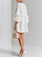 Camilla | Mini Abito in Misto Lino con Polsini a Rosa, Bianco