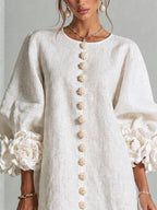 Camilla | Mini Abito in Misto Lino con Polsini a Rosa, Bianco