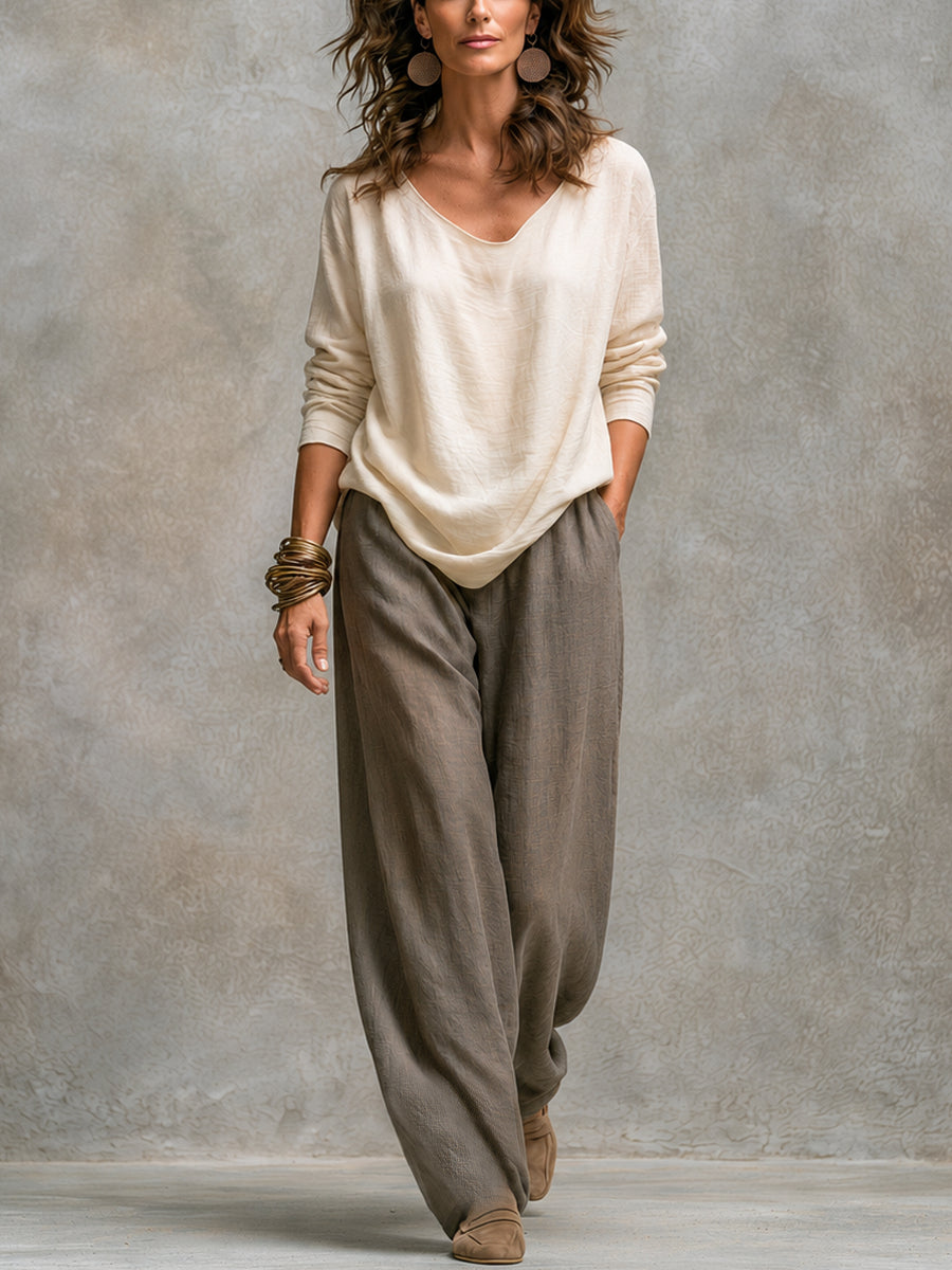 Amneris | Completo Elegante a Tre Pezzi in Grigio Beige con Pantaloni a Gamba Larga