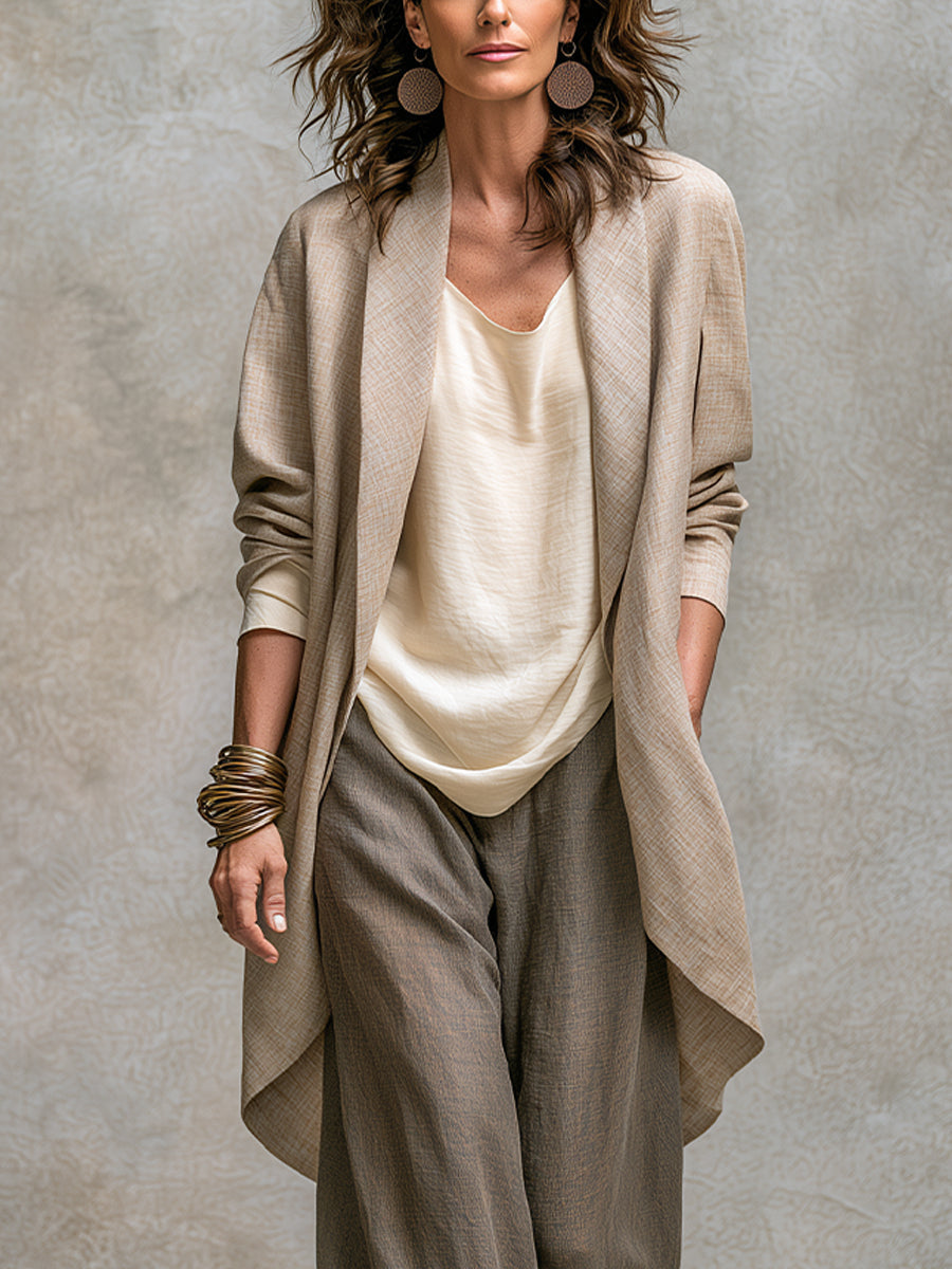 Amneris | Completo Elegante a Tre Pezzi in Grigio Beige con Pantaloni a Gamba Larga