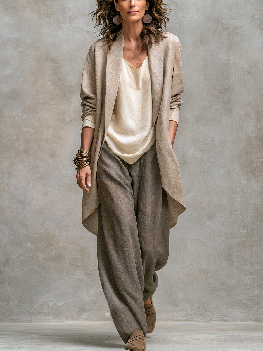 Amneris | Completo Elegante a Tre Pezzi in Grigio Beige con Pantaloni a Gamba Larga
