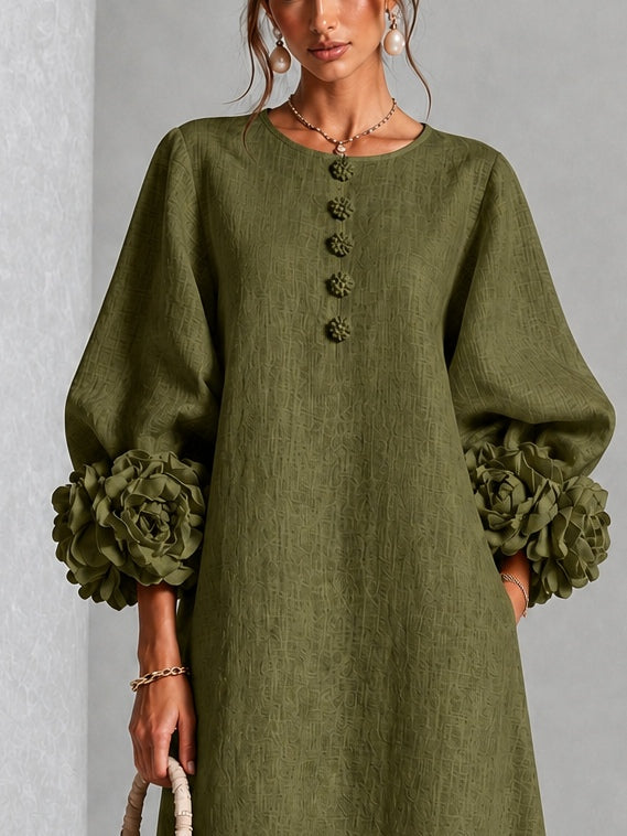 Abito midi a camicia floreale verde oliva con maniche floreali mozzafiato