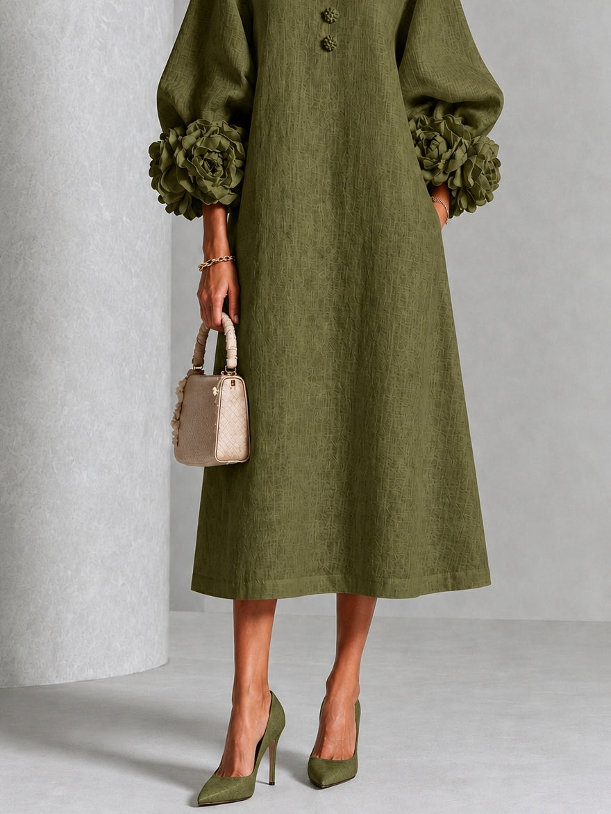 Abito midi a camicia floreale verde oliva con maniche floreali mozzafiato