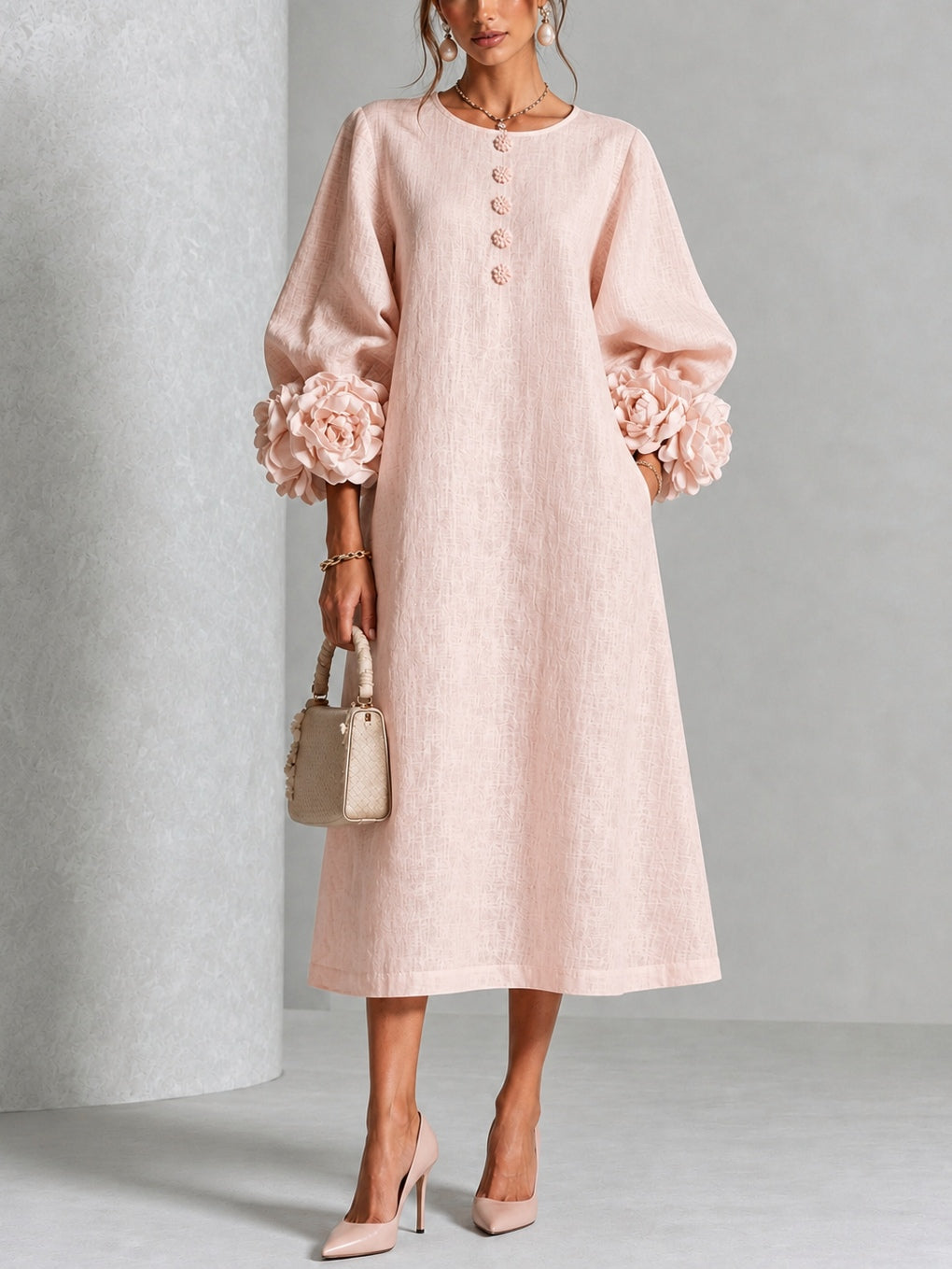 Abito Midi Floreale Rosa Button-down Con Maniche Stravaganti