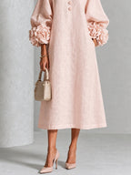 Abito Midi Floreale Rosa Button-down Con Maniche Stravaganti