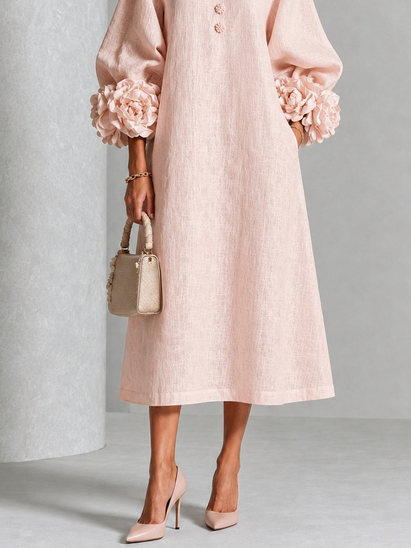 Abito Midi Floreale Rosa Button-down Con Maniche Stravaganti