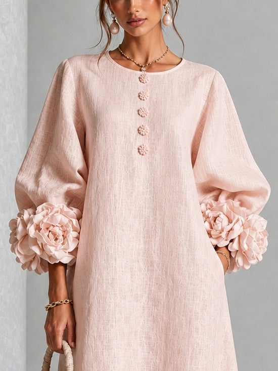 Abito Midi Floreale Rosa Button-down Con Maniche Stravaganti