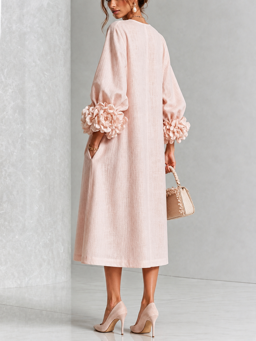 Abito Midi Floreale Rosa Button-down Con Maniche Stravaganti
