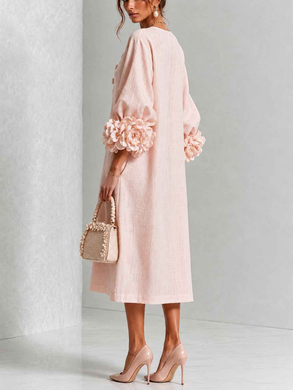 Abito Midi Floreale Rosa Button-down Con Maniche Stravaganti