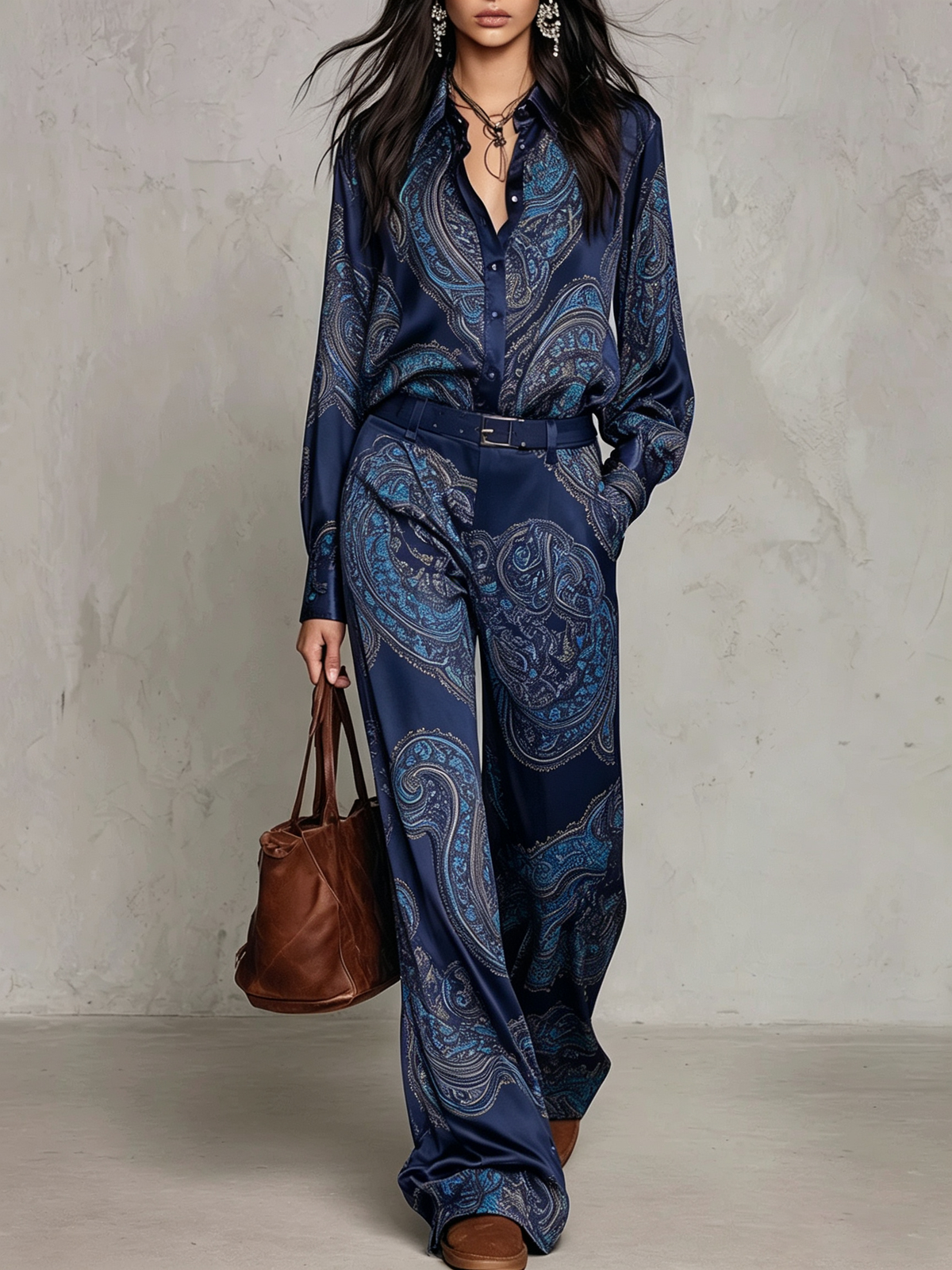 Lorella | Completo di camicia a maniche lunghe in satin con stampa blu navy e pantaloni a gamba larga