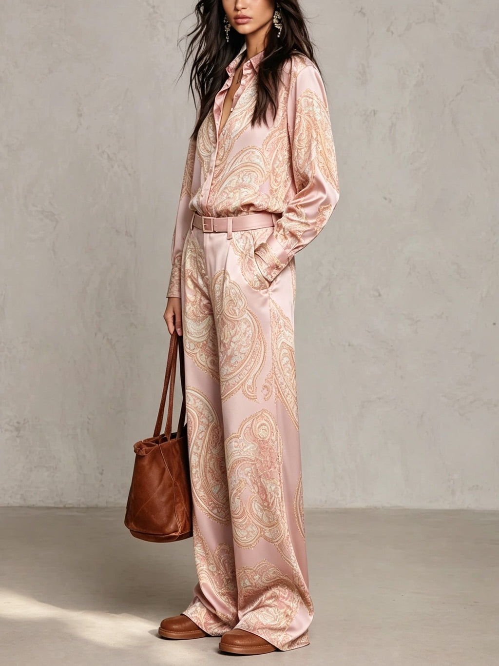 Lorella | Completo di Camicia a Maniche Lunghe in Raso con Stampa Paisley Borgogna-Viola e Pantaloni a Gamba Larga