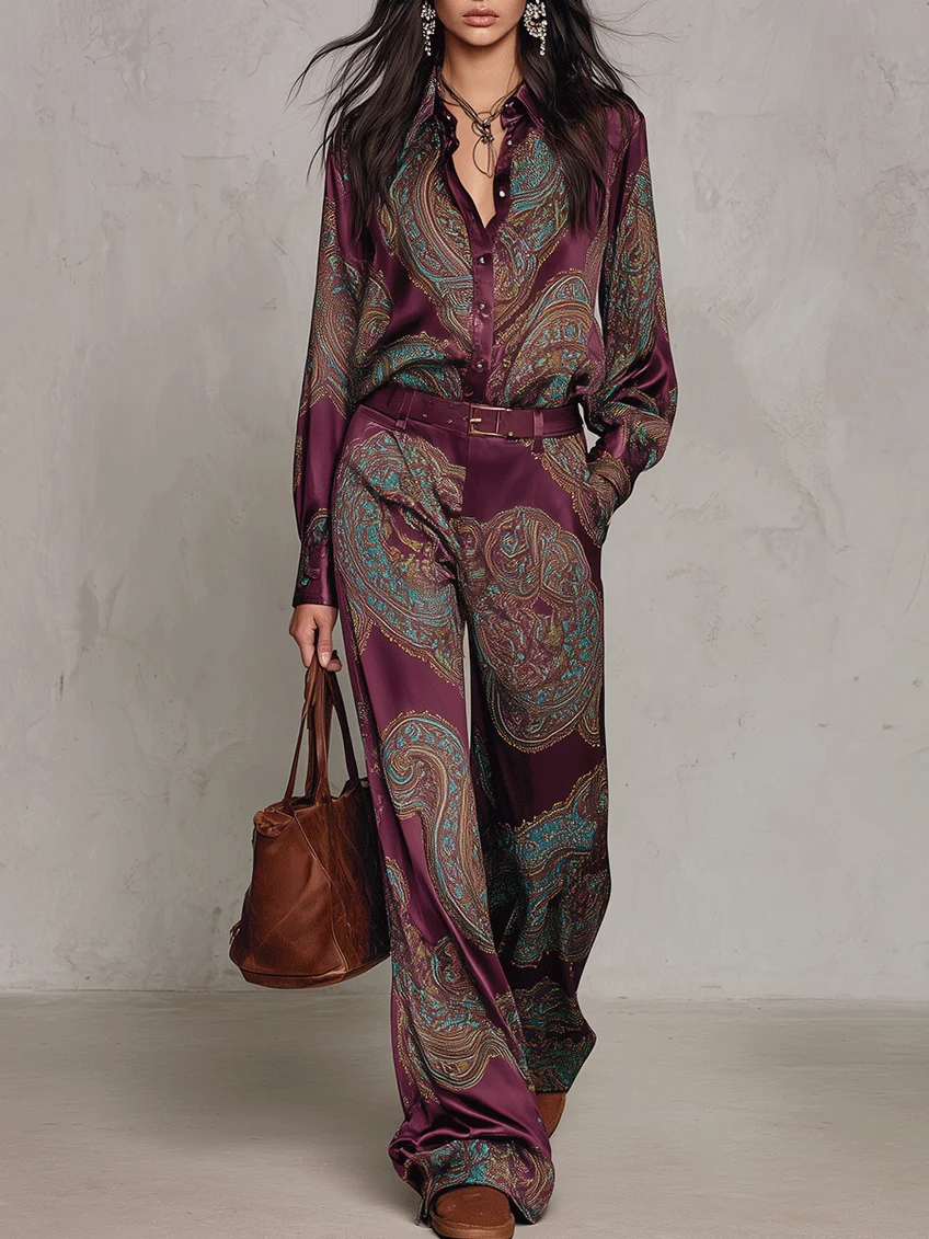 Lorella | Completo di Camicia a Maniche Lunghe in Raso con Stampa Paisley Borgogna-Viola e Pantaloni a Gamba Larga