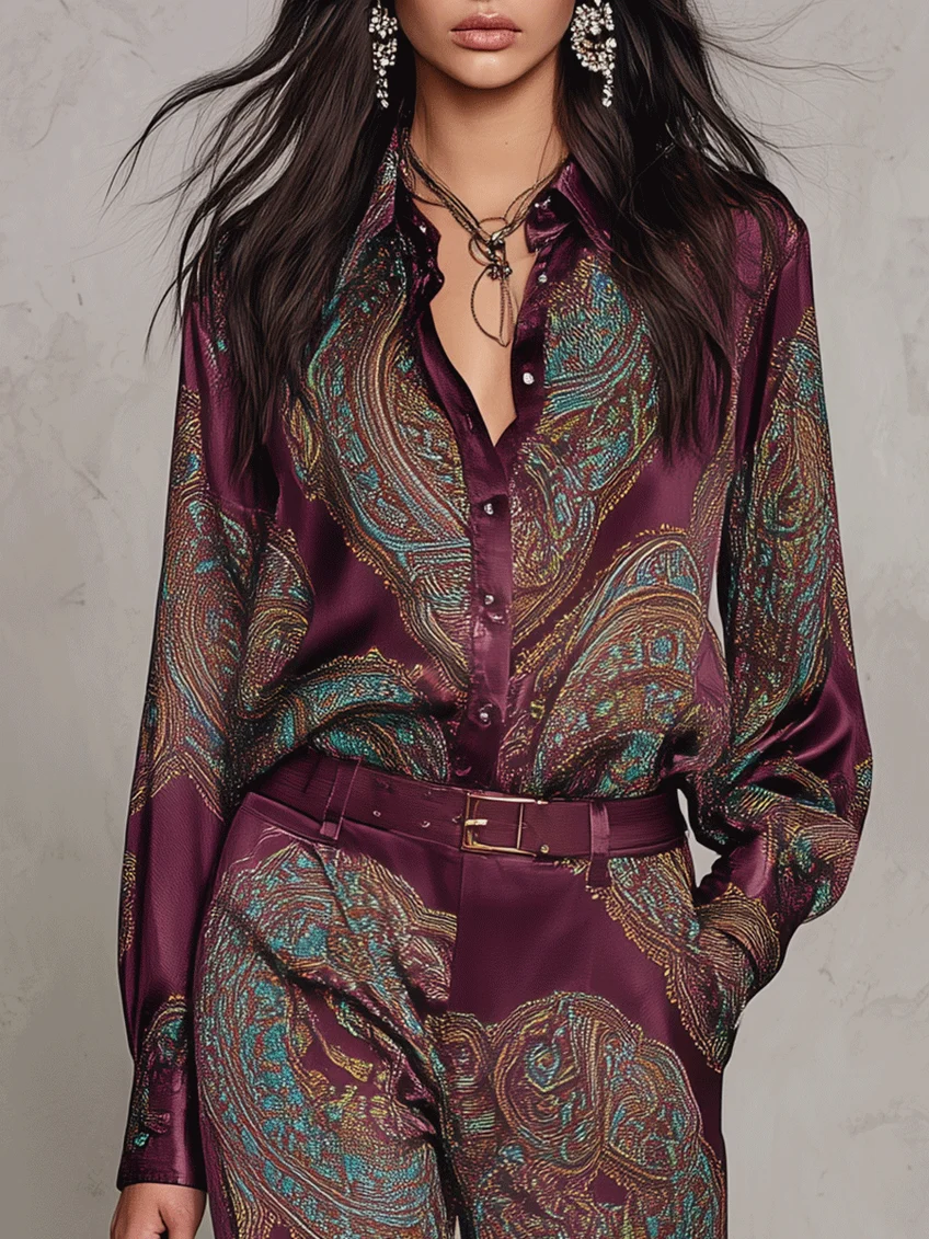 Lorella | Completo di Camicia a Maniche Lunghe in Raso con Stampa Paisley Borgogna-Viola e Pantaloni a Gamba Larga