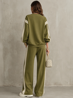 Felpa Verde Oliva con Collo Girocollo e Pantaloni Larghi con Coulisse Set Casual