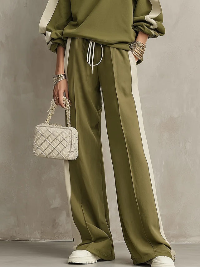 Felpa Verde Oliva con Collo Girocollo e Pantaloni Larghi con Coulisse Set Casual