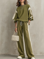Felpa Verde Oliva con Collo Girocollo e Pantaloni Larghi con Coulisse Set Casual
