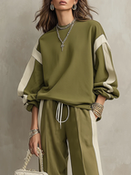 Felpa Verde Oliva con Collo Girocollo e Pantaloni Larghi con Coulisse Set Casual