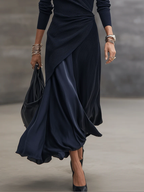 Abito Maxi Asimmetrico con Scollatura a V e Pannelli in Raso Blu Navy