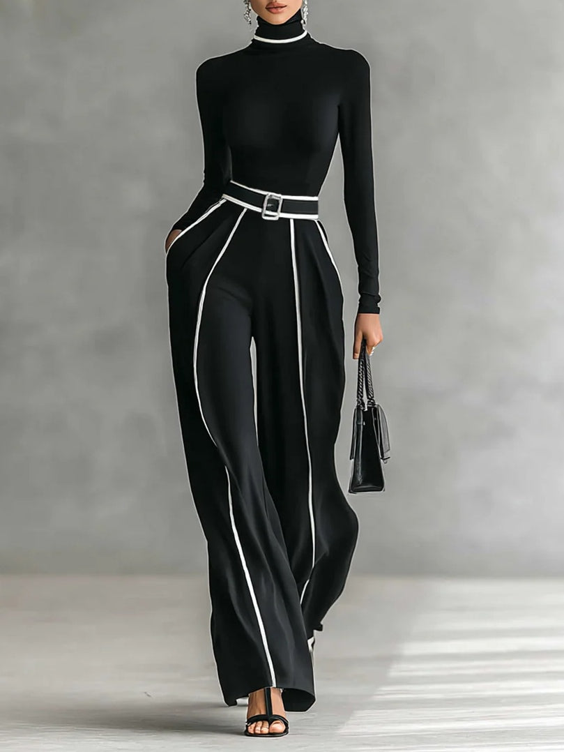 Completo di top a maniche lunghe a collo alto e pantaloni a gamba larga con cintura