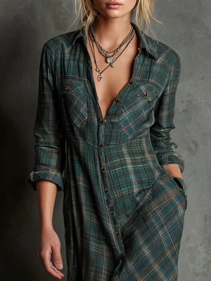 Abito lungo a camicia con colletto a quadri verdi