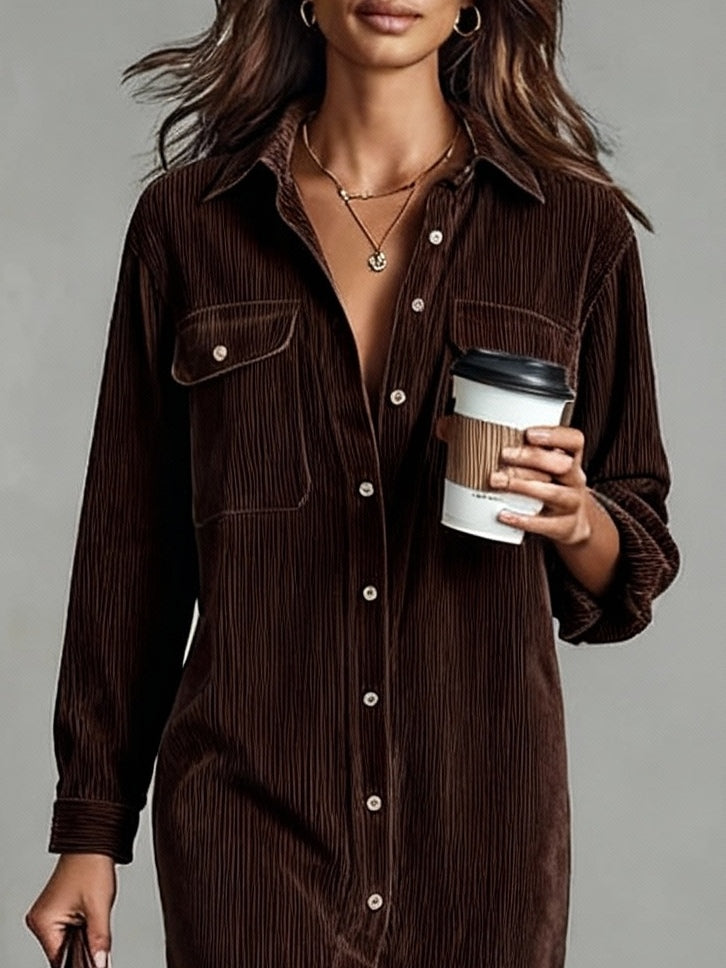 Abito Midi in Corduroy con Tasche a Doppio Petto e Bottone Singolo