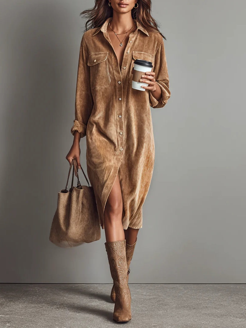 Abito Midi in Corduroy con Tasche a Doppio Petto e Bottone Singolo