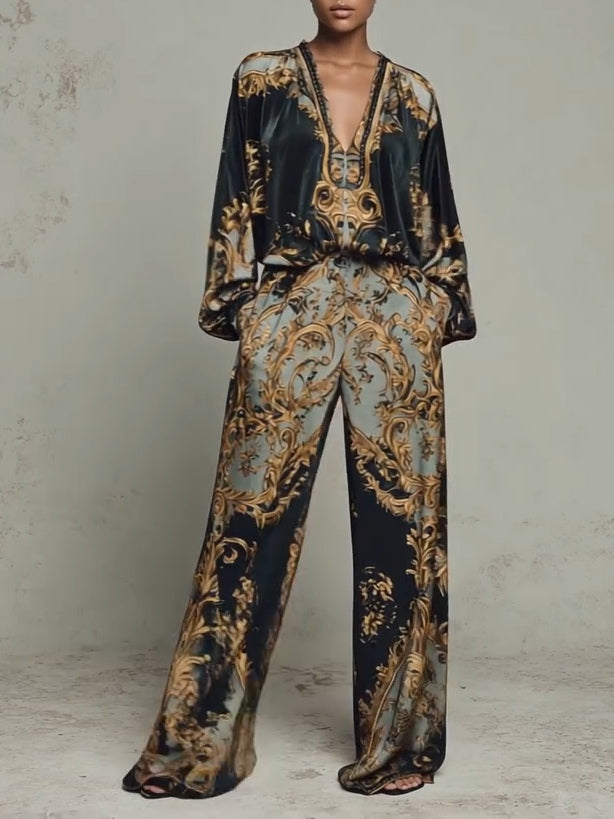 Lily | Top in Stile Barocco con Stampa Floreale Ornata e Pantaloni a Gamba Larga