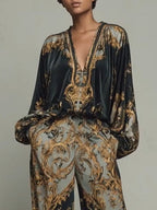Lily | Top in Stile Barocco con Stampa Floreale Ornata e Pantaloni a Gamba Larga