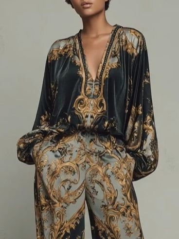 Lily | Top in Stile Barocco con Stampa Floreale Ornata e Pantaloni a Gamba Larga