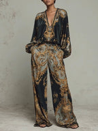 Lily | Top in Stile Barocco con Stampa Floreale Ornata e Pantaloni a Gamba Larga