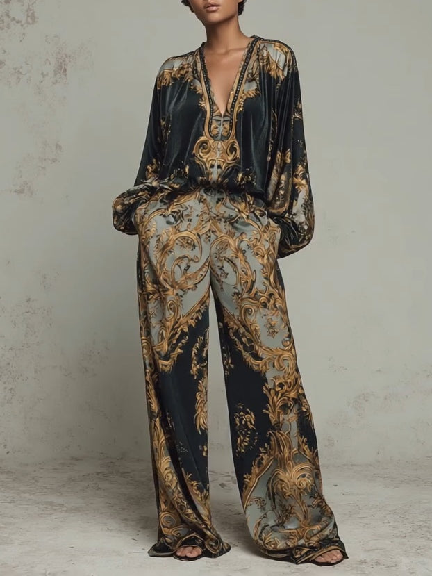 Lily | Top in Stile Barocco con Stampa Floreale Ornata e Pantaloni a Gamba Larga
