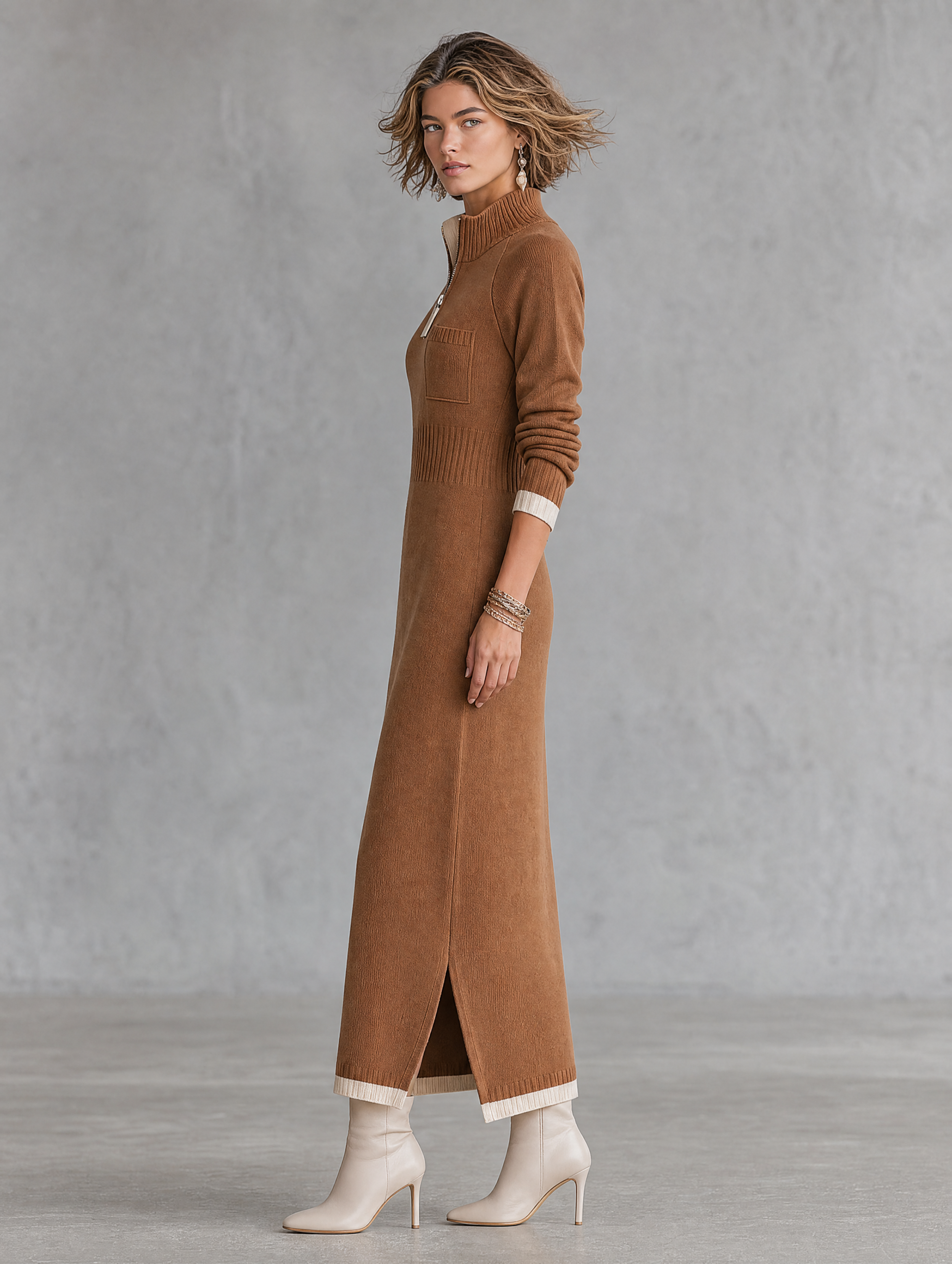 Abito Maxi Donna Retro Color-Block con Maniche Raglan, Collo Alto Zip e Finiture