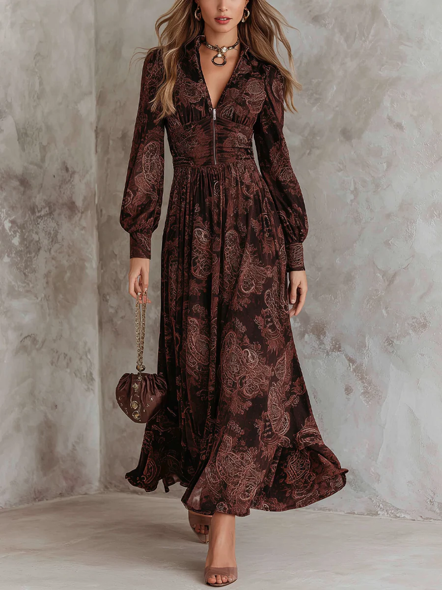 Auralis | Vestito Maxi a Vita Alta con Zip in Stampa Paisley Marrone