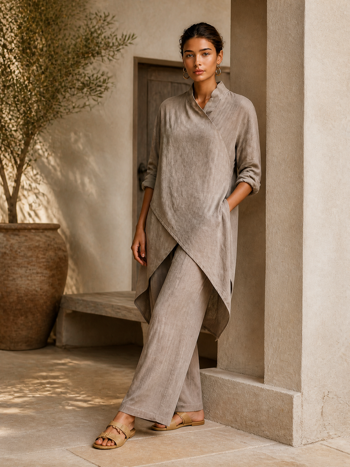 Set Due Pezzi in Lino Asimmetrico per Donna MDZ1471H8LYL