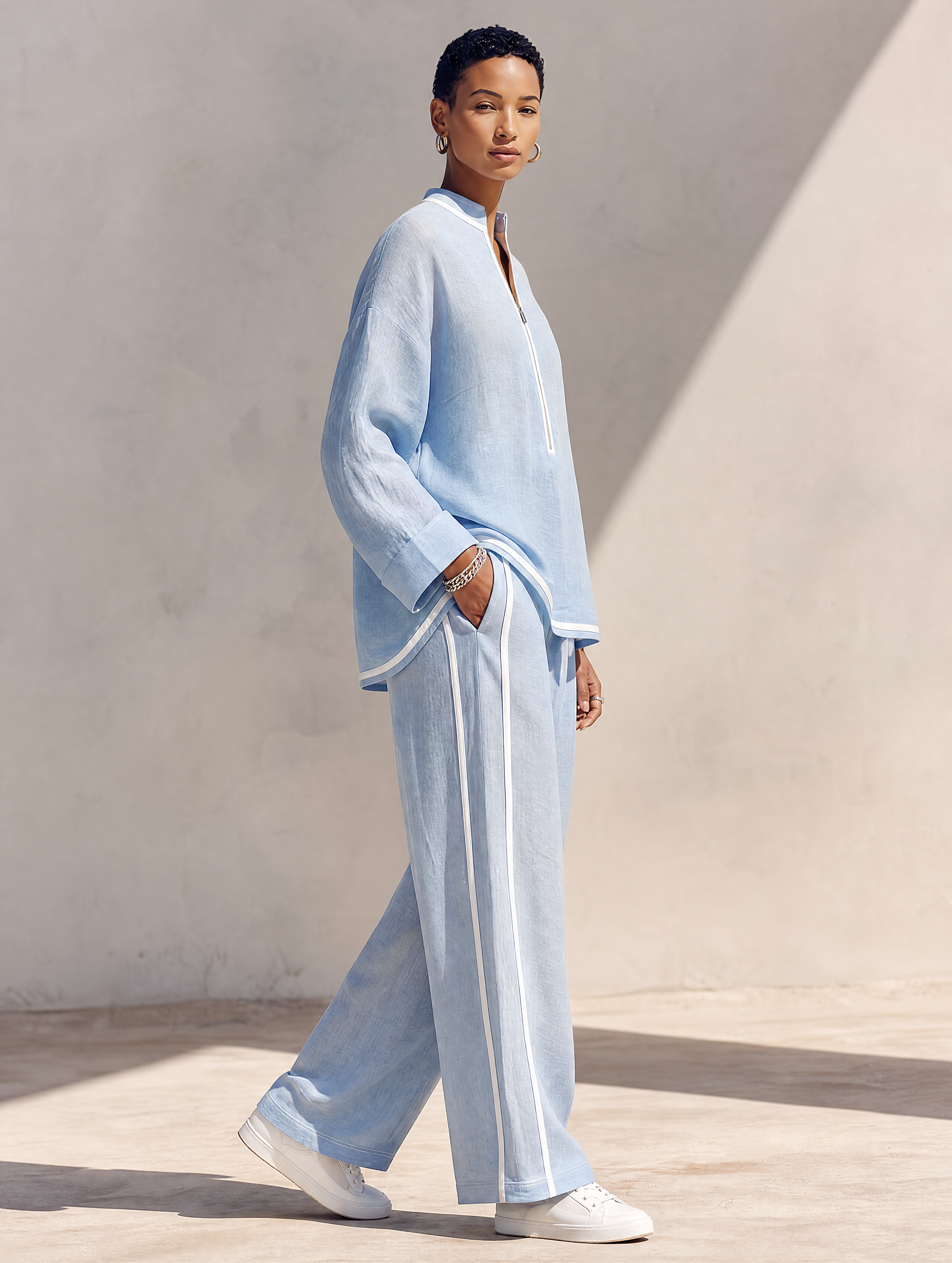 Set Top Oversized e Pantaloni a Gamba Larga in Lino Blu Chiaro da Donna MDZ1594G5ZRK