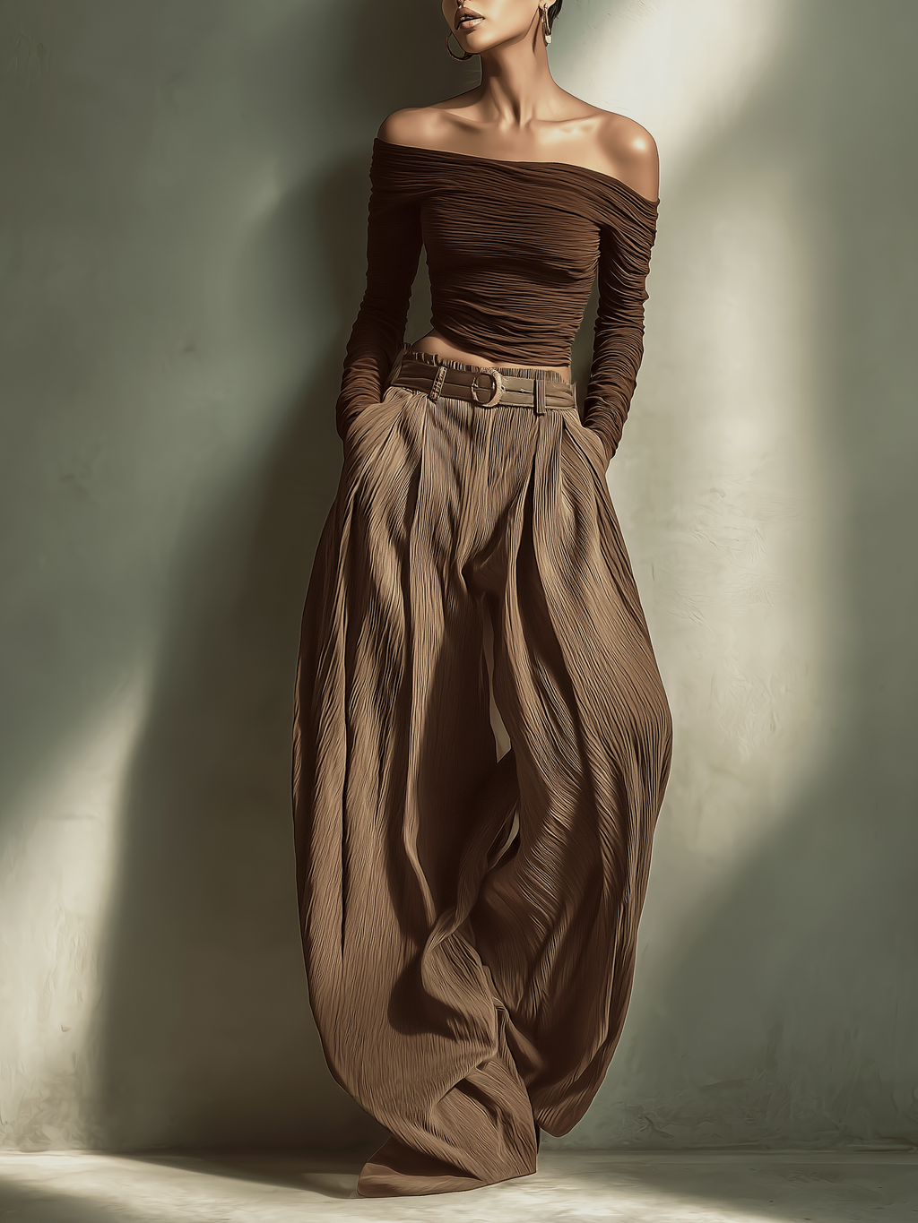 Top Fitted Lungo a Maniche Lunghe e Senza Spalline Marrone Scuro, alla Moda e Sexy, Abbinato a Pantaloni a Gamba Larga Coordinati (Cintura Non Inclusa) MDA1455K9AN